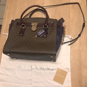 Michael Kors Hamilton Large studio satchel. Purple, brown logo.